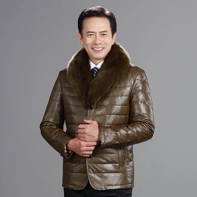 Winter Middle-aged MEN'S Leather Coat Sheep Leather down Jacket Men's Thick Slim Fit Fox Fur Collar MEN'S Coat