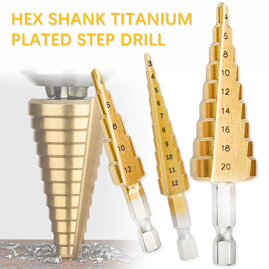 

3PCS HSS Cone Hole Cutter Taper Metric 4 - 12 / 20 / 32mm 1 / 4 Step Drill Bit Set Titanium Coated Metal Hex Core Drill Bits