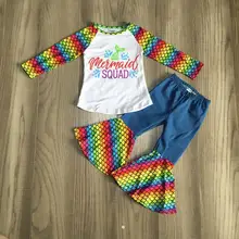 Одежда для маленьких девочек, многоцветные наряды для девочек, топ с изображением русалки, штаны-колокольчики, модная одежда для девочек