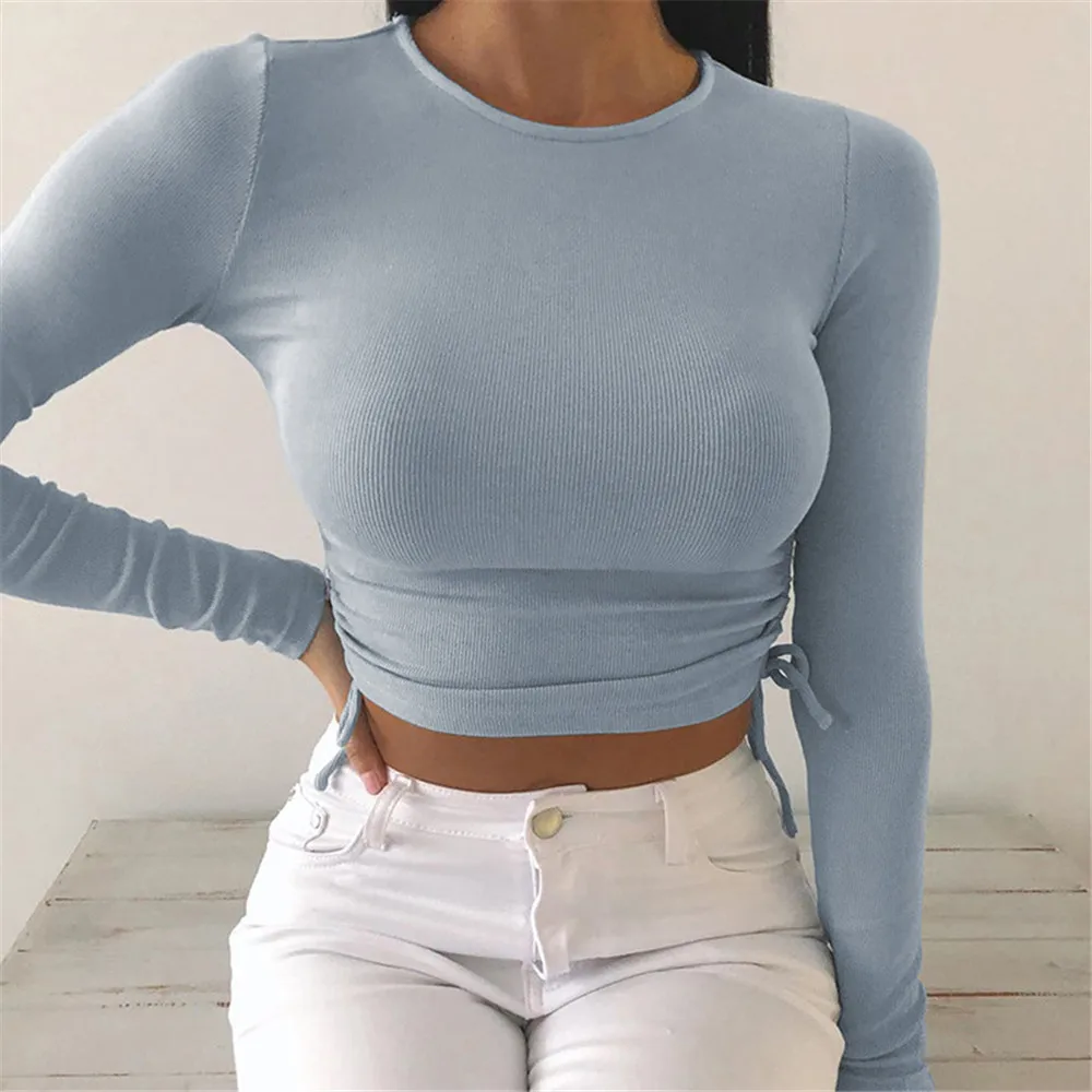 

Sexy O-Neck Long Sleeve Bodycon Cropped Tops Autumn 2020 Women Irregular Drawstring Bandage Knitted Solid T-Shirt