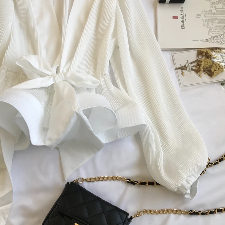 Women Elegant Long Sleeve Blouse Shirt Sexy V Neck Pleated Ruffles Blusa Sashes Vintage Women Blouse Spring Fashion Shirt Top Blusas (29)