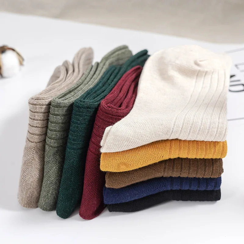 3Pairs/lot=6Pieces Autumn Solid Color Double Needle Vertical Stripes Long Socks Female Cotton Thickening Woman Winter Socks