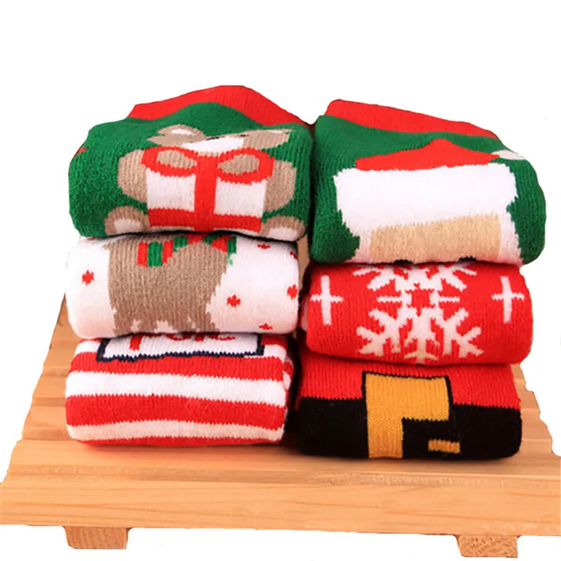 Рождественские Зимние носки для маленьких мальчиков и девочек Теплые детские носки в полоску из махровой ткани со снежинками, лосями, Санта Клаусом, рождественский подарок