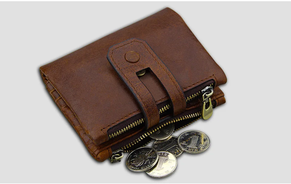 Мужской кошелек из натуральной воловьей кожи в винтажном стиле, мужские кошельки с двойной молнией, короткий кошелек, с карманами для монет, с защитой от RFID, на молнии и застежке, мужской кошелек