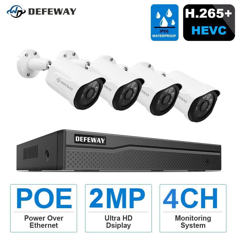 DEFEWAY H.265+ Video Surveillance Kit 4CH 5MP POE NVR 4PCS 2MP HD POE IP Camera Outdoor CCTV Security Camera System Night Vision