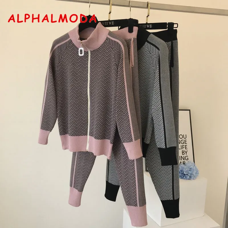 

ALPHALMODA Autumn New Women Knitting Tracksuit Zipper Cardigans + Pants Female Winter Fashion Design 2pcs Sports Set