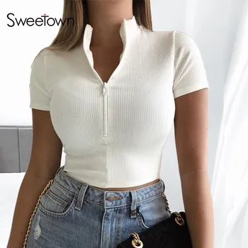 

Sweetown White Solid Skinny Basic Tshirt Women Casual Fitness Activewear Zipper Short Sleeve Summer Tops Female Streetwear
