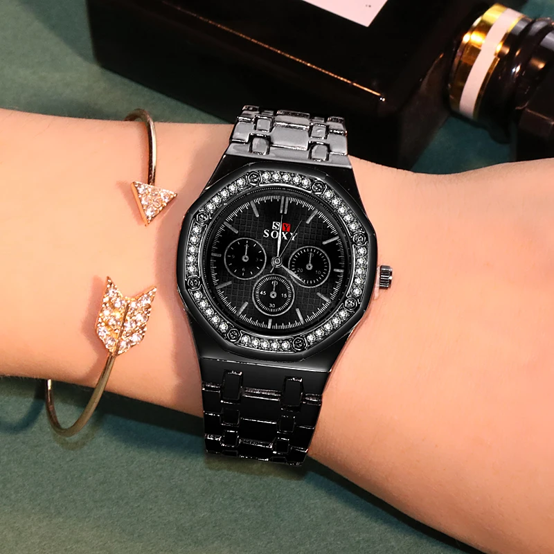 SOXY модные серебряные женские часы reloj mujer роскошные золотые кварцевые наручные часы из нержавеющей стали черные женские часы relogio feminino