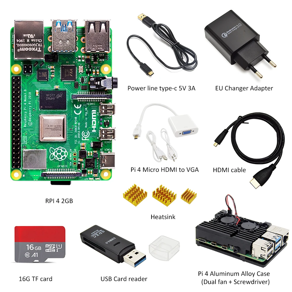 latest Raspberry Pi 4 Model B 2GB RAM complete Kit case EU power adapter switch line 5