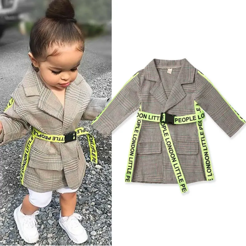 

Toddler Baby Kids Girl Autumn Winter Coats Letter Plaid Trench Belted Coat Formal Outwear Children Kid Costumes