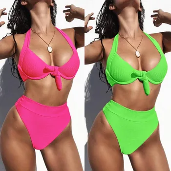 

bikini mujer Women Summer Pure Color Bandage Swimsuit Push-Up Bikini Set Beachwear biquinis feminino 2019 bathing suit Halter