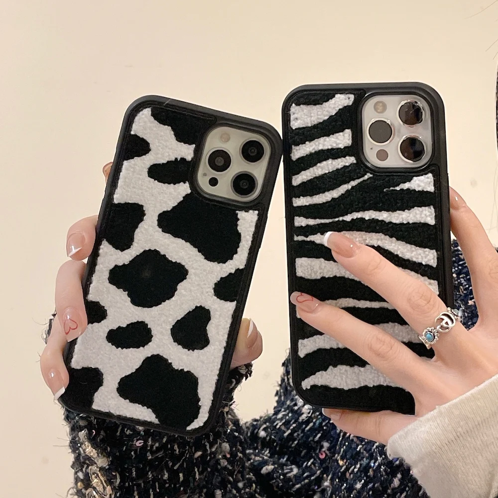 Geometric Splicing Embroidery Fluffy Plush Phone Case for IPhone 14 13 12  11 Pro Max X XR XS 7 8 Plus Fuzzy Wool Fabrics Cover