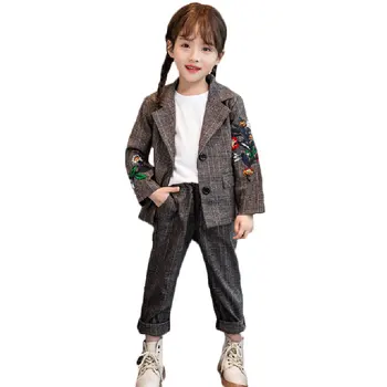 

Girls Suit Set Flower Embroidery Clothing For Girls Outerwear + Pants Costume For Girl Plaid Pattern Kids Tracksuit 6 8 10 12 14