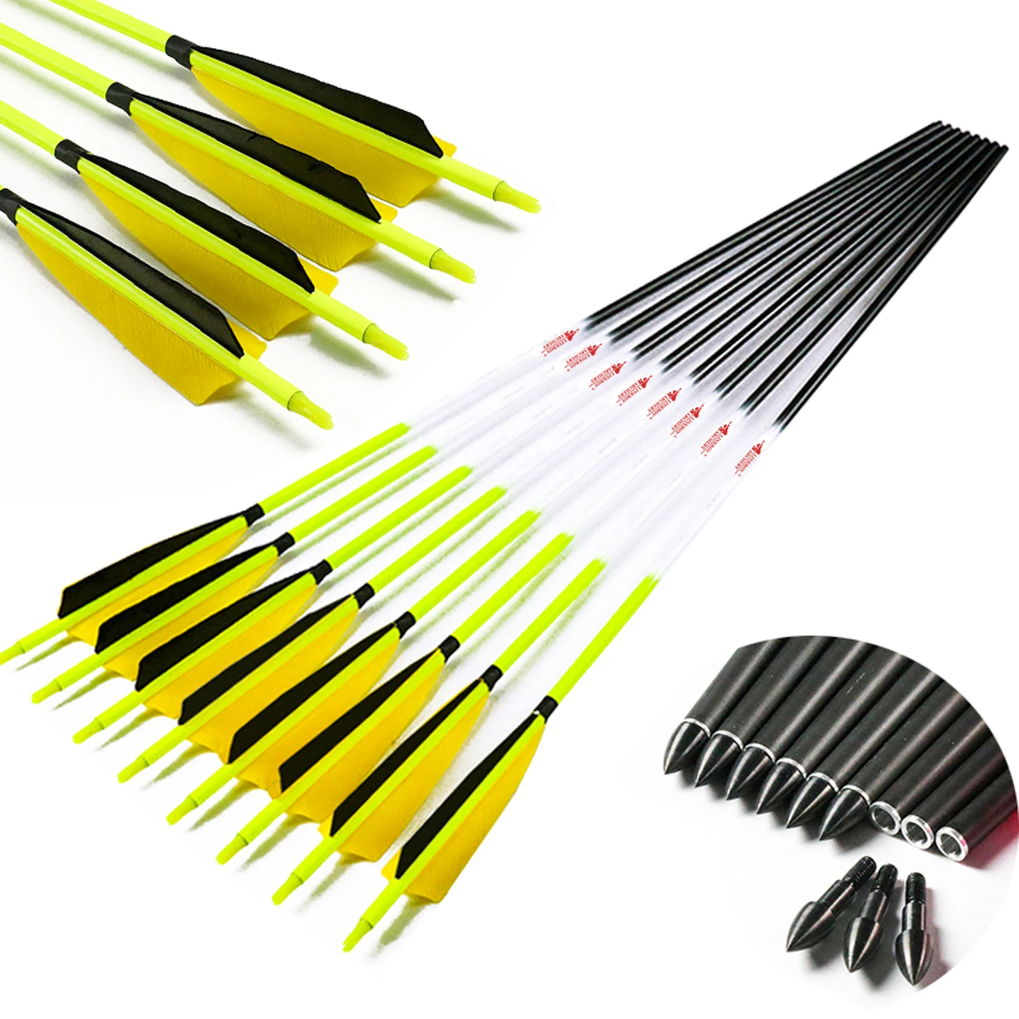 Tiro com Arco de Carbono Linkboy Setas Spine300-600 5 Polegada Pena Seta Acessório Composto Recurvo Tradicional Caça Arco 24 Pçs Id6.2mm 2 Arco e flecha