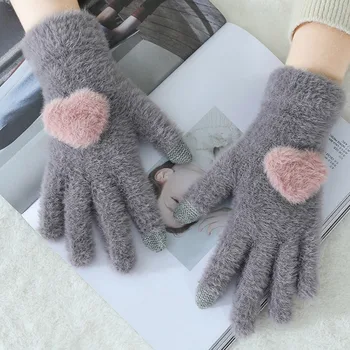 

Gloves Knitted Women Touch Screen Winter Soft Rabbit Wool Knitted Gloves Warm Lovely Girls' Pink Heart Mittens Gloves