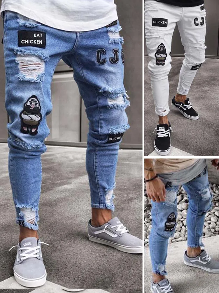Men Denim Pants Fit Slim Casual Stylish Destroyed Ripped Skinny Jeans  Trousers