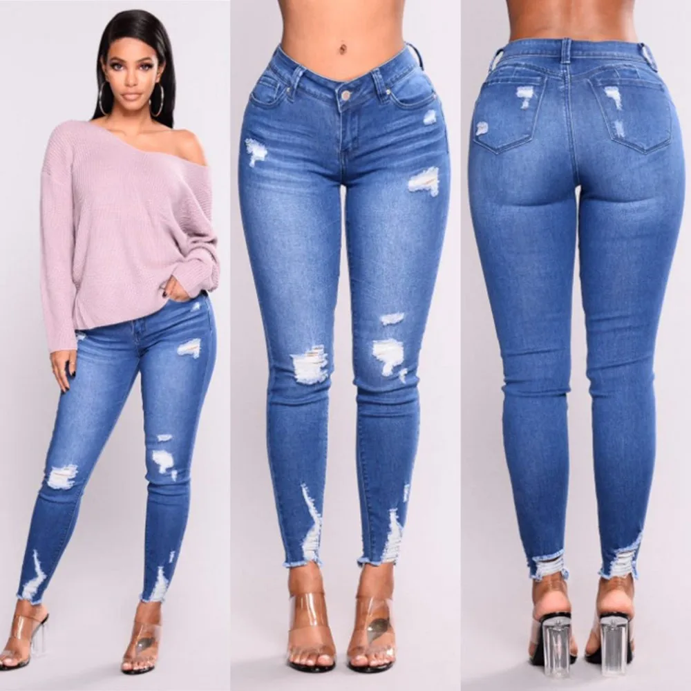Ripped Long Jeans Women 2021 Summer Fashion Urban Stretch High-Waist Pencil Pants Slim-fit Trousers With Small Feet Female Blue