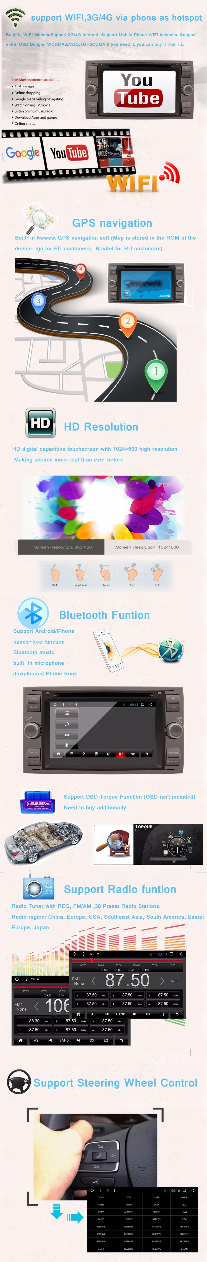 2din Android 8,1 четырехъядерный 1+ 16G/2+ 32G автомобильный DVD GPS Радио стерео для Ford Transit 2004-2007 Mondeo S-max Focus C-MAX ПК