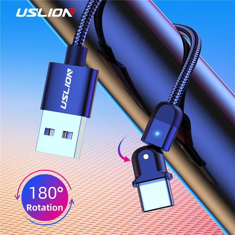 USLION 180 градусов поворотный светодиодный кабель USB Type C 3A для быстрой зарядки Samsung