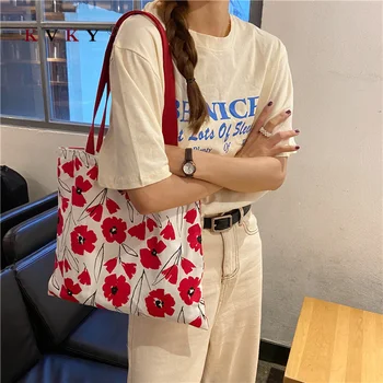 

2020 Summer Ladies Shoulder Bag Retro Xuanya Style Fresh Flower Canvas Shopping Eco Bags Wholesale Red Female Handbag Beach Bags