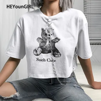 

HEYounGIRL Bear Printed Casual Loose T-shirt Women with Chains Harajuku Short Sleeve Cotton Tee Shirt Woman White Streetwear