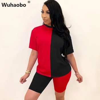 

Wuhaobo Color Patchwork Women Casual Two Piece Set Tracksuit O Neck Short Sleeve T Shirt Top and Shorts Summer Fashion Suit