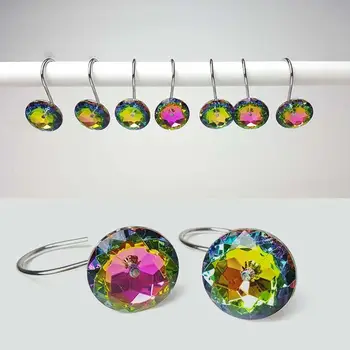 

12Pcs/Set Multicolor Round Acrylic Rhinestone Decoration Shower Curtain Bling Hook Rings Accessory Easy To Install Bath Supplies