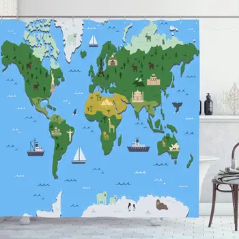 

Shower Curtain Set with Hooks 72x78 Africa World Map Regions Tourist Attraction Location Design Play Modern Australia Graphic