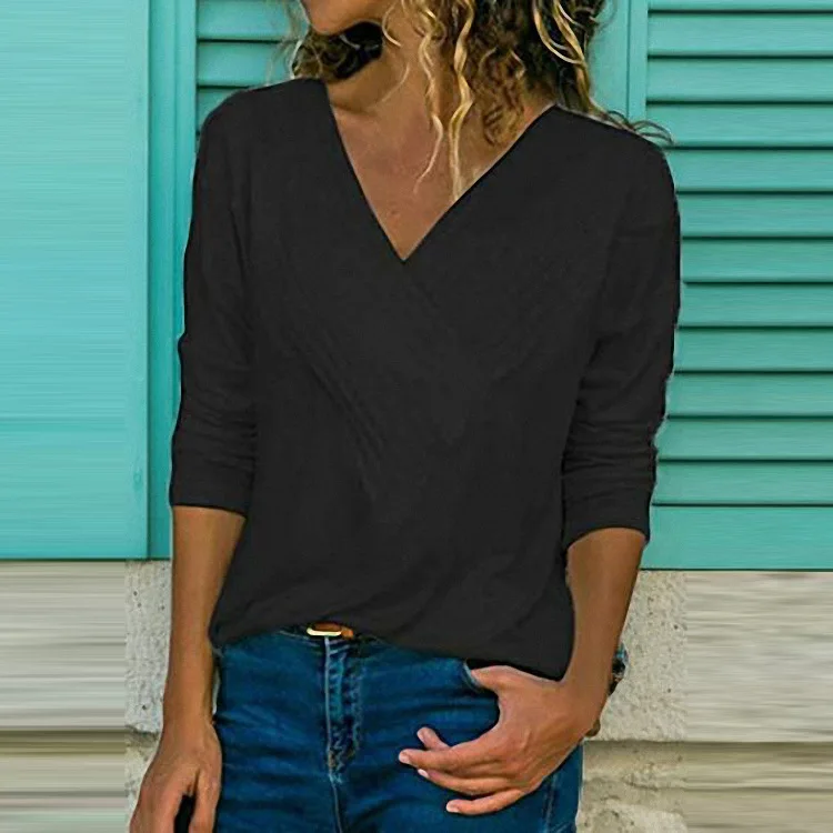 Casual повседневная женская летняя футболка с длинным рукавом с v-образным вырезом хлопковая Свободная рубашка сплошной цвет большие размеры женская одежда модные летние топы