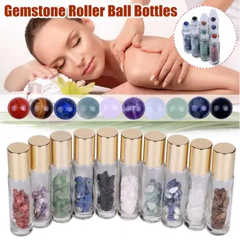 

10Pcs 10ml Natural Gemstone Essential Oil Roller Ball Bottles Transparent Perfumes Oil Liquids Roll On Bottles with Crystal Chip