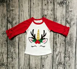 Рождественские футболки с единорогом для девочек, футболки с рукавами реглан на День Благодарения и Рождество, зимняя одежда для маленьких