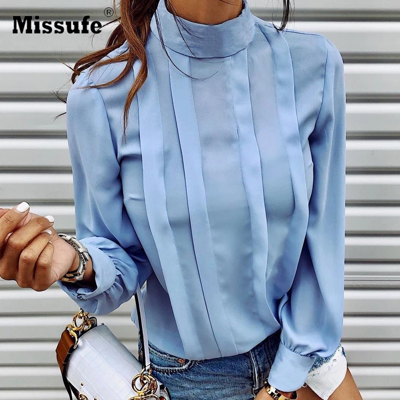 

Missufe Autumn Elegant Women Shirt Turtleneck Pleated Button Lantern Sleeve Patchwork Blue White Chiffon Blouse Female Winter