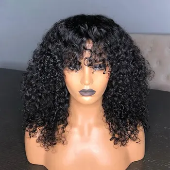 

Kinky Curly With Bangs Human Hair Lace Wigs with Baby Hair Indian Remy PU Silk Base Wigs For Black/White Women