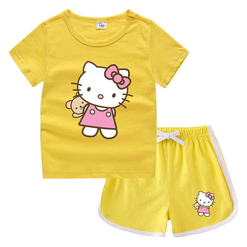 thumbnail image 1 of Hello Kitty-ropa para niños y niñas, Camiseta estampada bonita + Pantalones cortos, sudadera de cuello redondo de algodón puro, traje de camisa Base informal, 1 of 5