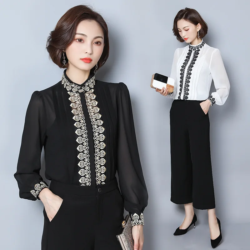 

Chiffon Shirt Women's 2019 Autumn New Style Elegant Long Sleeve Stand Collar Embroidered Large Size One-piece Western Style Base