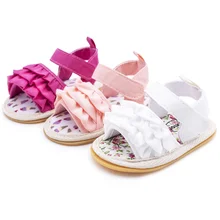 Детская обувь; сандалии для девочек; Летняя обувь на плоской подошве для малышей; Высококачественная обувь на мягкой резиновой подошве; нескользящая обувь принцессы с цветочным узором и кружевом; обувь для первых шагов