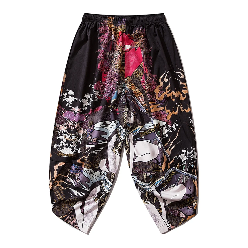 Bebovizi 2020 Japanese Style Harajuku Men Trousers Sakura Samurai Costume Loose Fashion Women Traditional Bloom Pants Haori