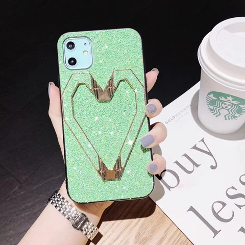 Роскошный кожаный блестящий чехол для телефона с сердечком для iPhone 11 Pro XS MAX XR X 7 8 Plus, сплошной цвет, напульсник, задняя крышка - Цвет: 2