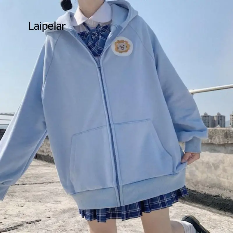Autumn Winter New Korean Long Sleeve Japanese College Style Lovely Embroidery Hooded Zipper Coat Female