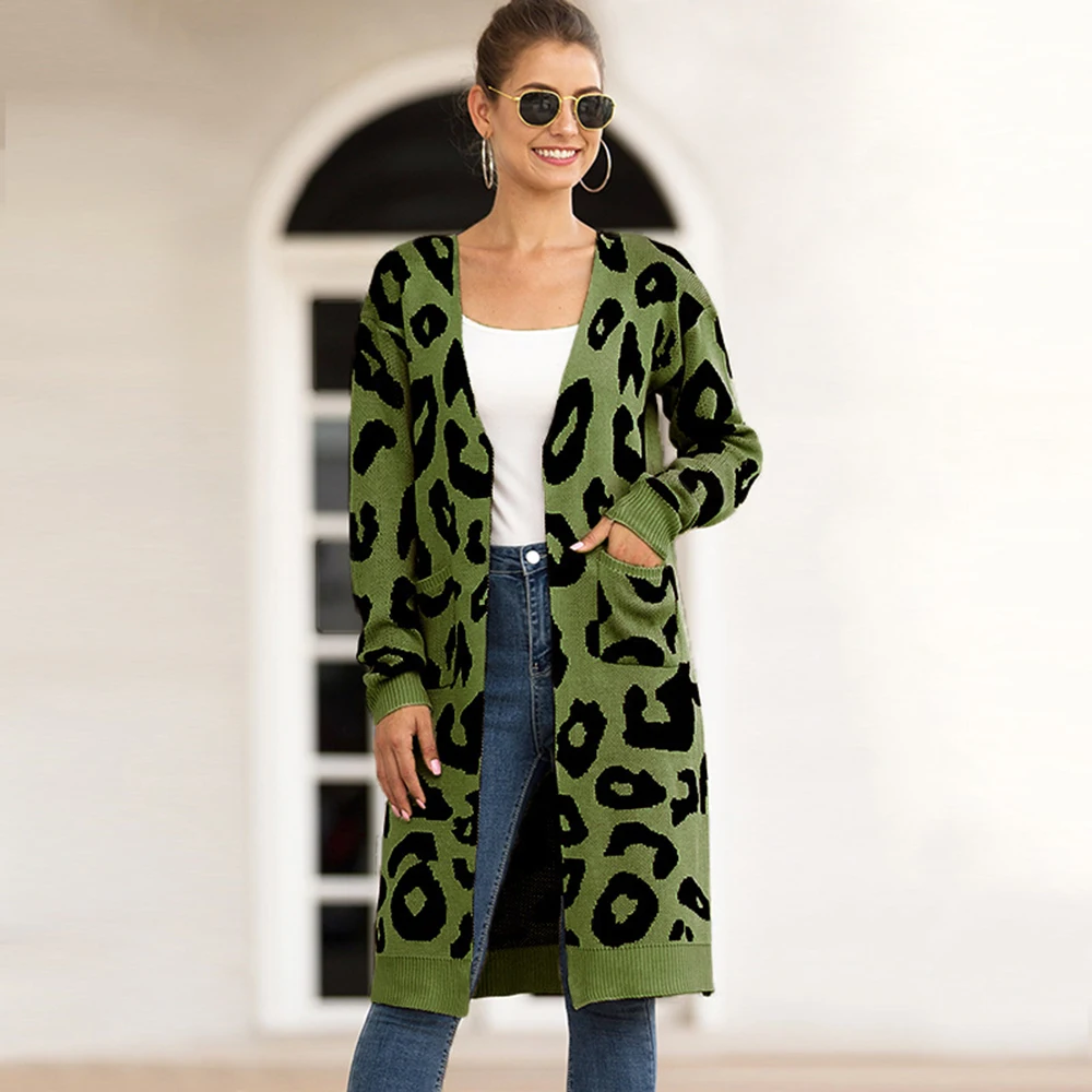 Женские кардиганы с леопардовым принтом с длинными рукавами, Осень-зима, модный вязаный длинный свитер, пальто, повседневный большой длинный кардиган, трикотажные изделия - Цвет: Армейский зеленый