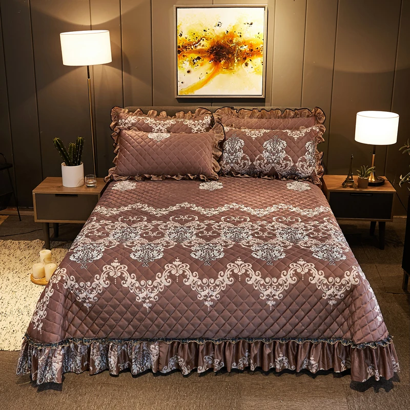Роскошное коричневое Европейское кружевное плотное стеганое флисовое бархатное Фланелевое покрывало, покрывало для кровати, простыня, одеяло, наволочки, 3 шт