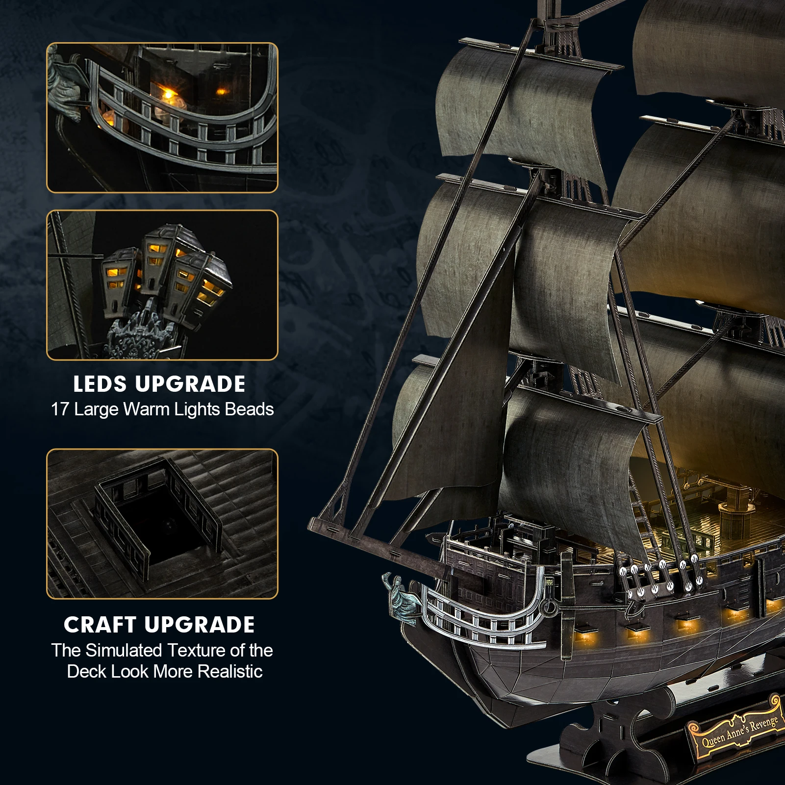 CubicFun 3D Puzzle for Adults LED Pirate Ship, Large Queen Anne's Revenge Desk Puzzles, DIY Model Building Kits Toys For Teens 3