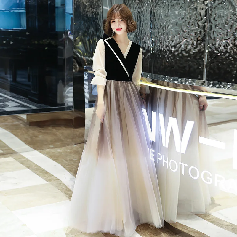

Skyyue V-Neck Long Sleeve Banquet Dresses FR317 A-Line Floor Length Evening Dress Patchwork Robe De Soiree Gradient Elegant Gown