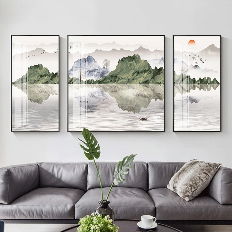 3pcs Chinese Abstract Wall Art Geometric Whale Mountain Landscape Canvas Painting Poster and Prints Wall Picture for Living Room