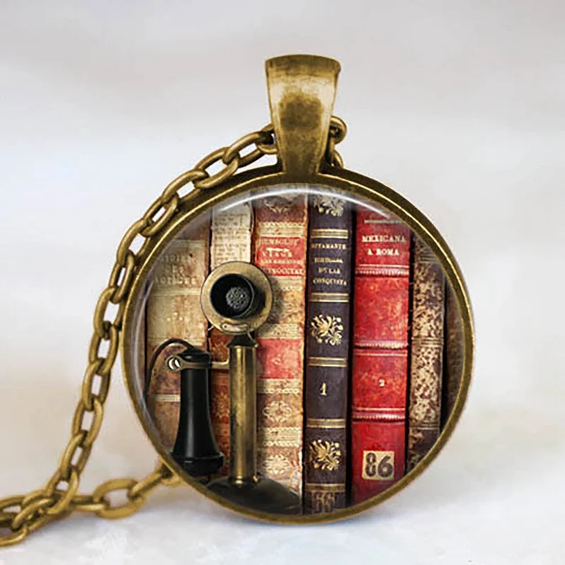 New Fashion Necklace Glass Dome Vintage Library and Books Pendants Necklace For Students Teachers And Librarians Necklace - Окраска металла: 18