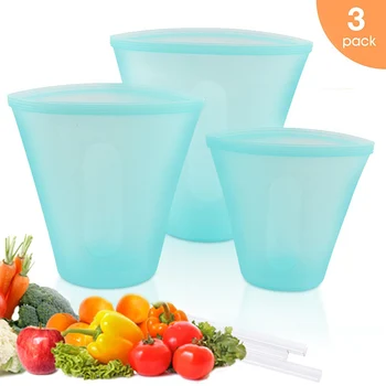 

3pcs Silicone Food Storage Container Fresh Bowl Fridge Organizer Reusable Stand Up Ziplock Bag Fruit Vegetable Cup Bag With Seal