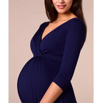 Breastfeeding Dresses Maternity Clothes for Pregnant Women Clothing Solid V-Neck Pregnancy Dresses Mother Wear Evening Dress 5