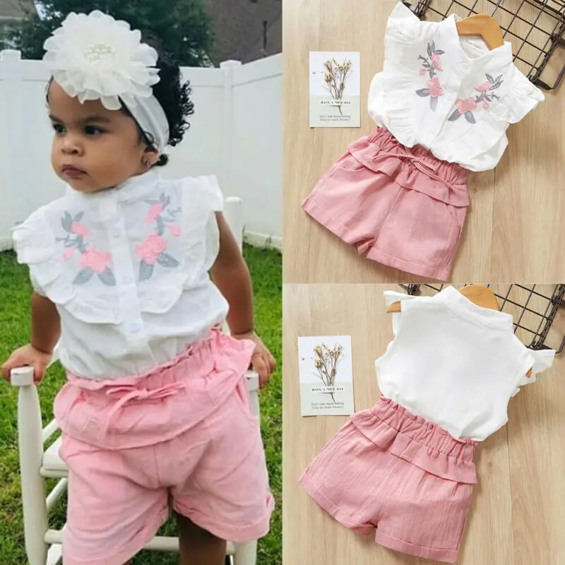 

Summer Toddler Kid Baby Girl Floral Fly Sleeve Tops Shirt Pink Short Pants Legging Sets Outfits Sunsuit Girls Clothes