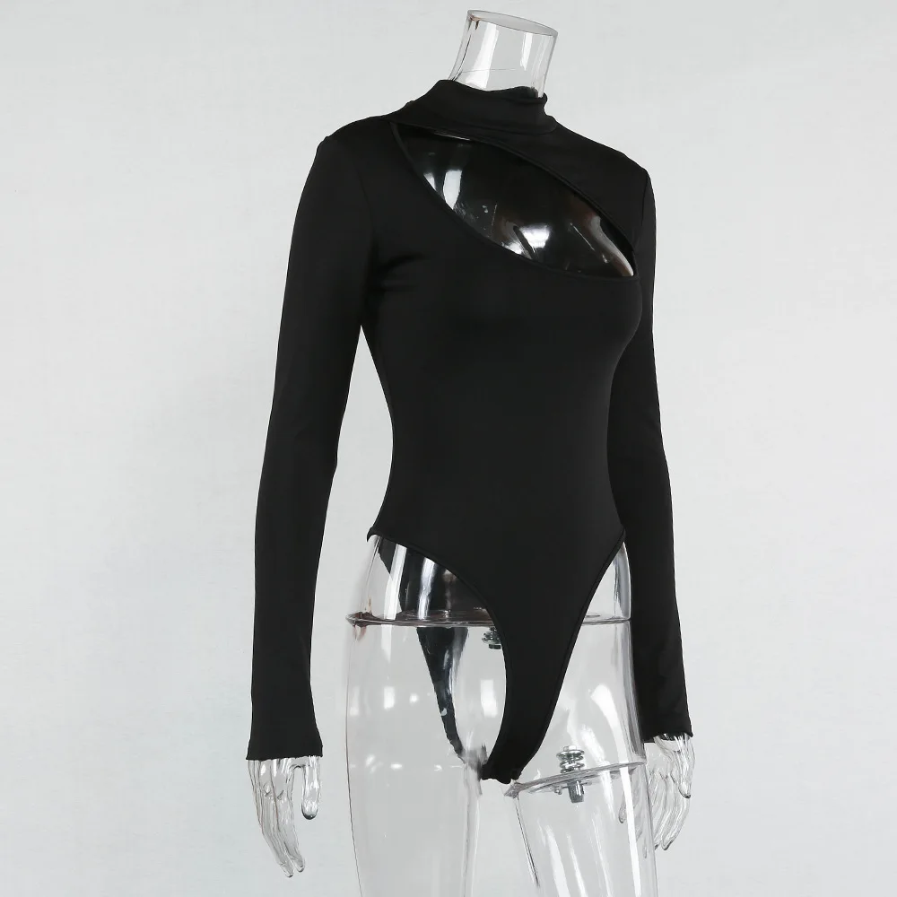 Trendy Women free shipping clothes Long Sleeve Hole casual Bodysuit Stretch Leotard Polyester Turtleneck Jumpsuit one pieces