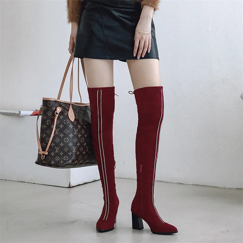 ANNYMOLI/Зимние ботфорты выше колена женские ботфорты на молнии на высоком блочном каблуке узкие эластичные сапоги с острым носком Женская Осенняя обувь 3-12